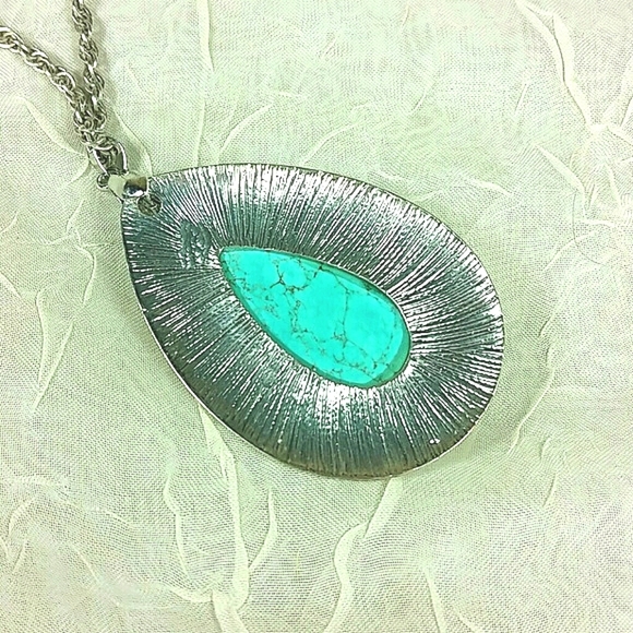Sterling Silver Rope Chain Necklace GENUINE Turquoise Pendant - Picture 3 of 5